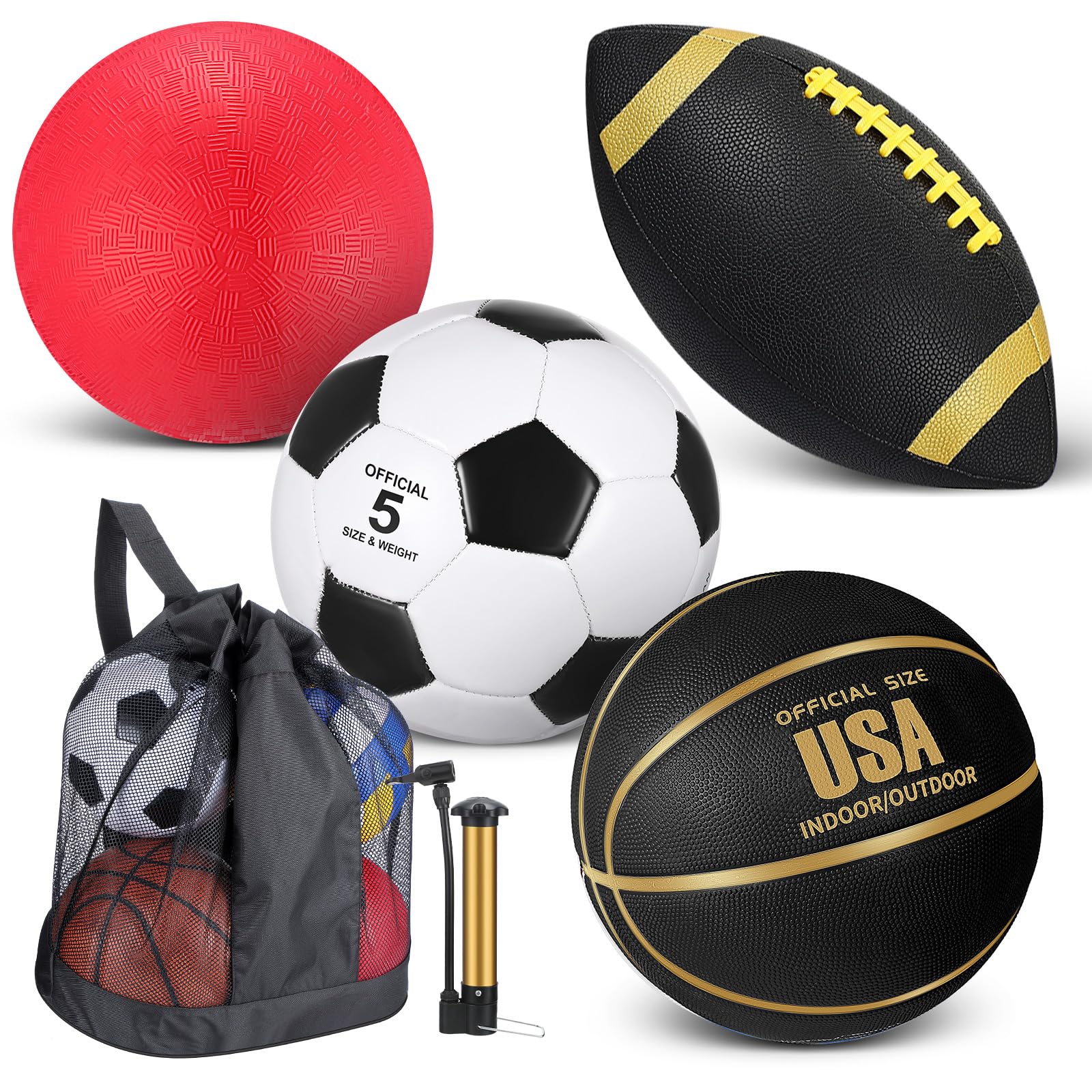Photo 1 of Lenwen 4 Pcs Sports Balls Set, Include Official Size Basketball Soccer Football Playground Ball Pump Equipment Bag Recess Equipment Sport for Teen Adult Gift Back to School(Black Gold)