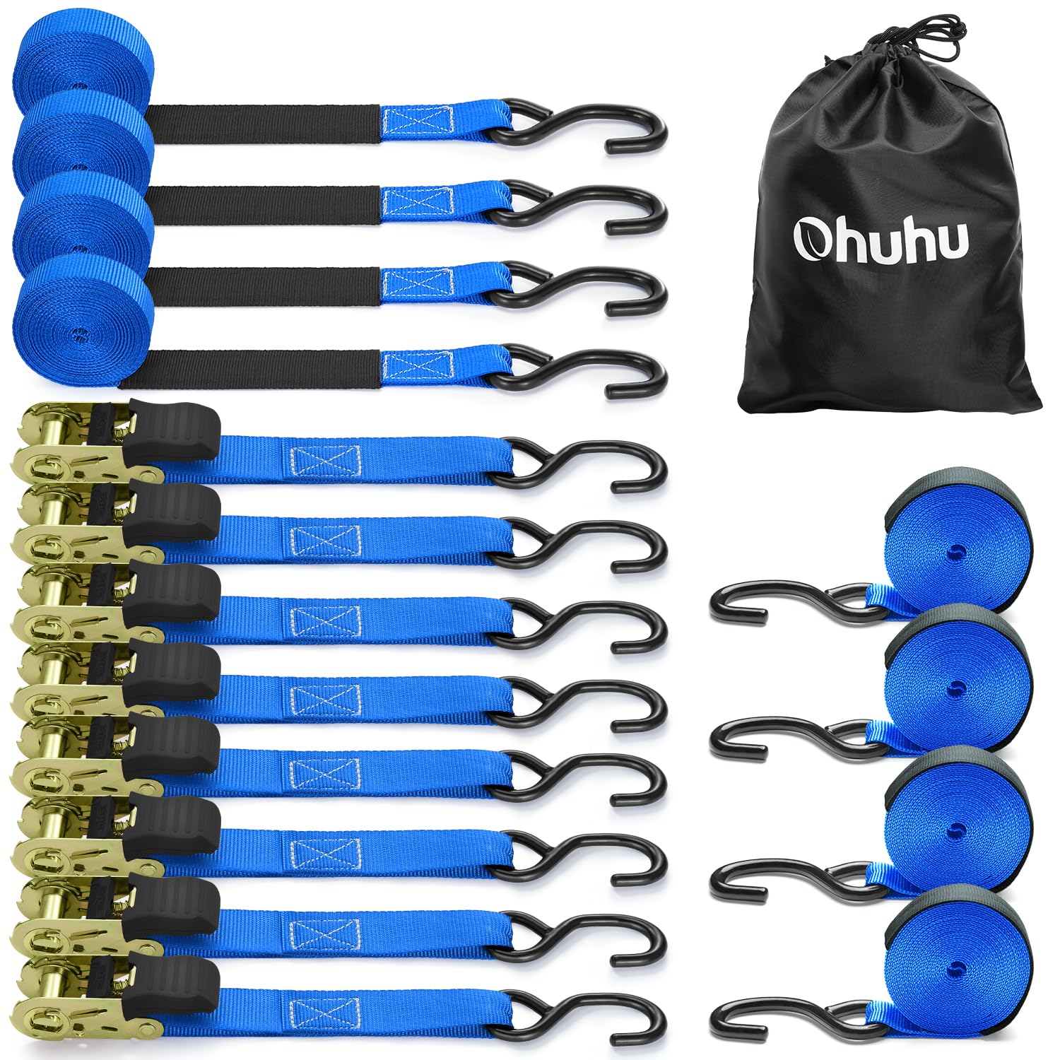 Photo 1 of Ratchet Tie Down Strap 8-Pack 15 Ft - 500 lbs Load Cap with 1500 lbs Breaking Limit, Ohuhu Ratchet Tie Downs Logistic Cargo Straps for Moving Appliances Motorcycle Blue
