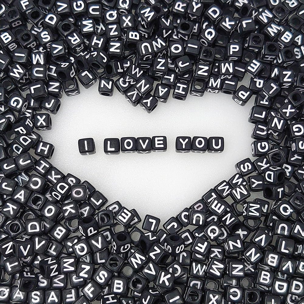 Photo 1 of 300 Pieces 10x10mm Big Large Black Cube Acrylic Alphabet Letter Beads A-Z Mixed Plastic Shape Loose Beads for DIY Jewelry Making Bracelets Necklaces Key Chains (White on Black)
