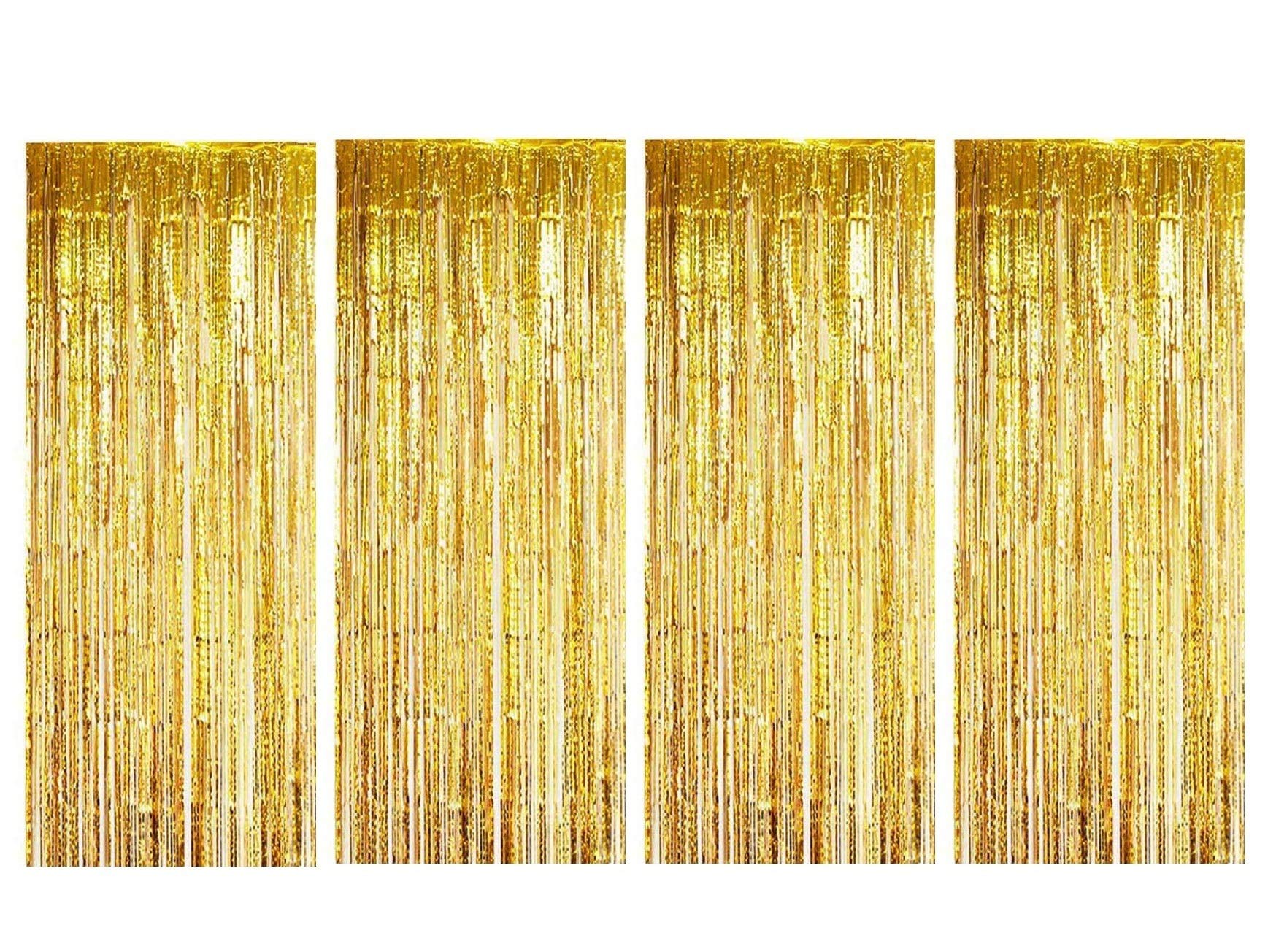FeiWen 4 Pack Aluminum foil striped curtain Foil Fringe Curtain for Birthday Party Photo Backdrop Wedding Event Décor (Golden)