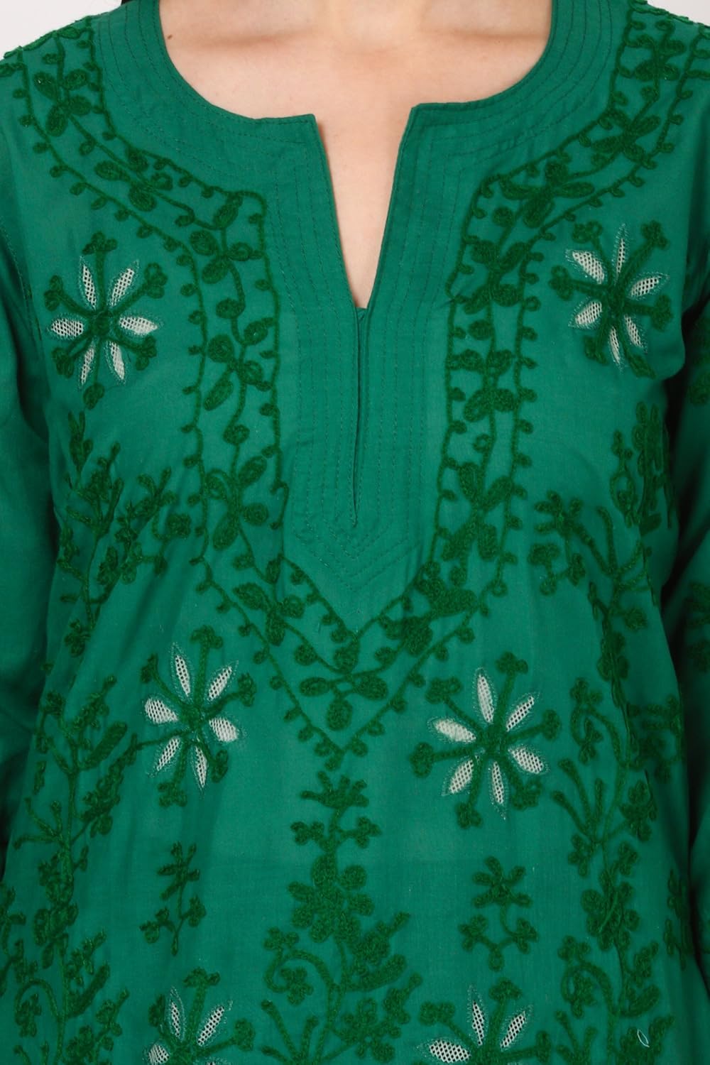 saadgi women's cotton handcrafted network and aari embroidered lucknowi chikan kurta