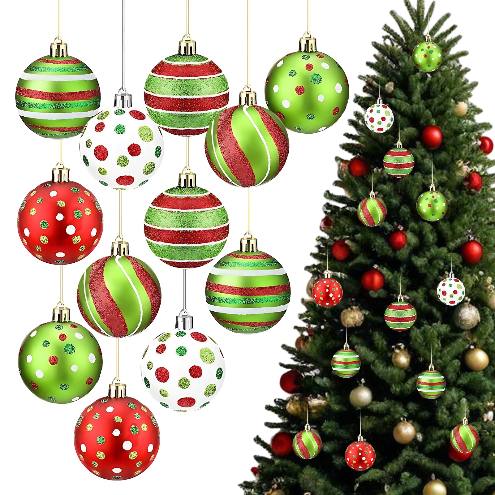 Photo 1 of 12pcs Christmas Ball Ornaments Tree Decorations 2.4 Inch Red Green Hanging Xmas Tree Ornaments Set Glittering Plastic Christmas Balls for Home Indoor Holiday Party