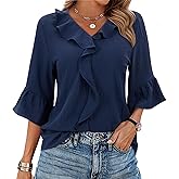 siliteelon Blouses for Women Dressy Casual 3/4 Sleeve Ruffle Bell Top Ladies Business Work Shirt Fashion Clothing Trendy