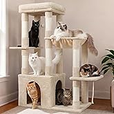 Heybly Heavy Duty Cat Tree with Large Base for Large Indoor Cats HCT026M | Cat Tower with Scratching Posts, Tall Cat Condo House , Multi-Level Plush Furniture with Hammock &amp; Toy Balls, Beige
