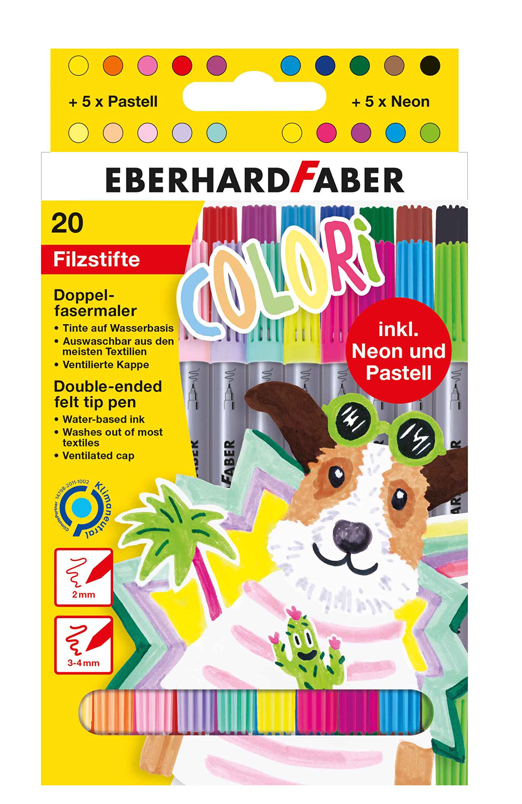 Eberhard Faber Colori 20 Felt Tip Pens Set, Multicolored, HB, Ambidextrous, Click-Off Cap, Water-Based Ink, Not Water Resistant, Multicolor, Multipurpose, Drawing, Painting, Colouring