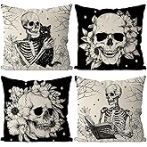 GAGEC Halloween Pillow Covers 18x18 Inch Set of 4 Skeleton Floral Throw Pillow Covers Holiday Farmhouse Pillowcase Couch Cushion Case for Home Sofa Living Room Decor