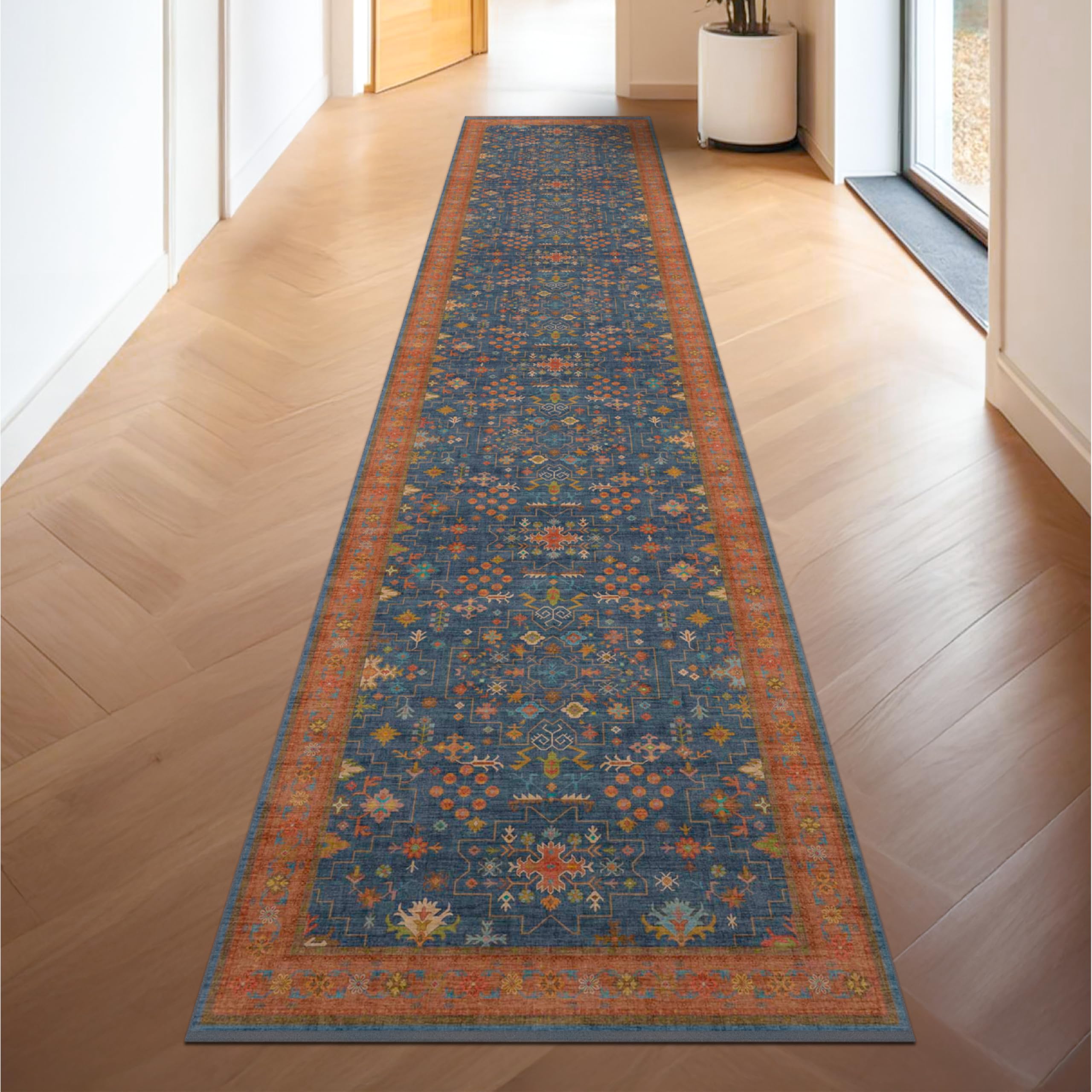 Navy Blue Washable Hallway Runner Rug 2x10 Non Slip