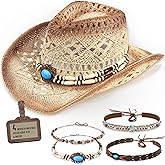 Straw Cowboy Hat Western Cowgirl Hat with Four Decorative Bands, Hat Size Fits 21 7/8 to 23, Wide Brim