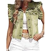 SOLY HUX Women's Denim Jacket Ruffle Cap Sleeve Button Down Trendy Crop Jean Jackets Coat