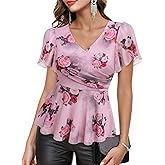 Lotusmile Womens Peplum Tops Dressy Casual Petal Sleeve Mesh Elegant Wrap Blouses for Women Work Night Out Party