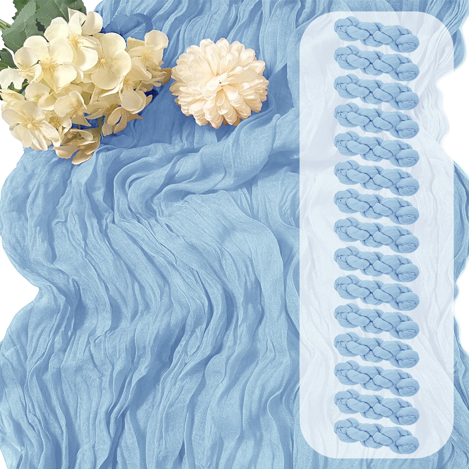 Photo 1 of 15 Pack Baby Blue Cheesecloth Table Runner 17 x 108 inch Cheese Cloth Table Runners 9ft Blue Table Runner Rustic Romantic Sheer Gauze Runner for Wedding Party Baby Shower Table Decoration