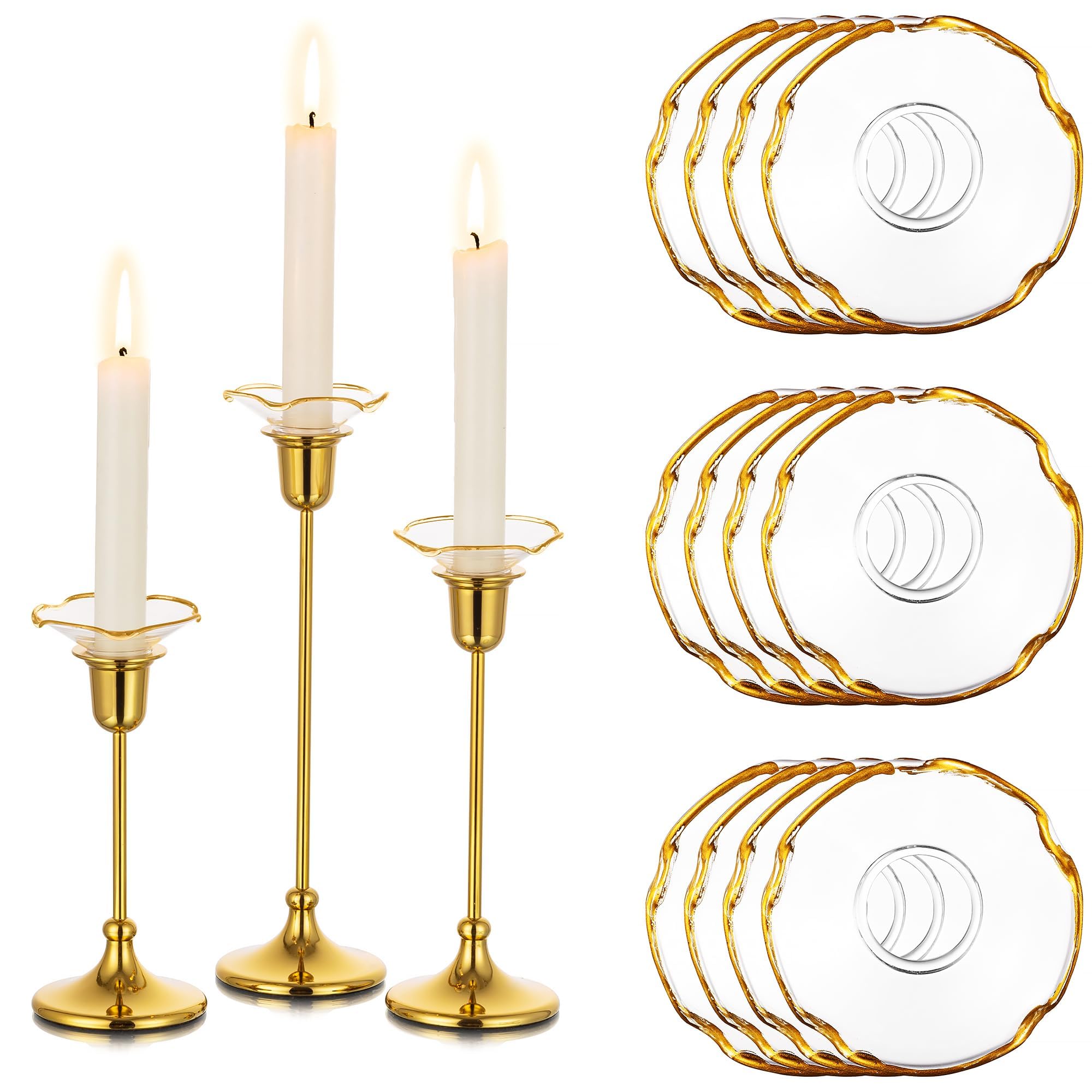 Glasseam Bobeches Candles Glass Candle Holder, Gold Rim Candle Sticks Holder Wax Catchers, 12pcs Chic Candle Drip Protector for Candle Holders Set, Drip Candles Holders for Dining Room Decoration
