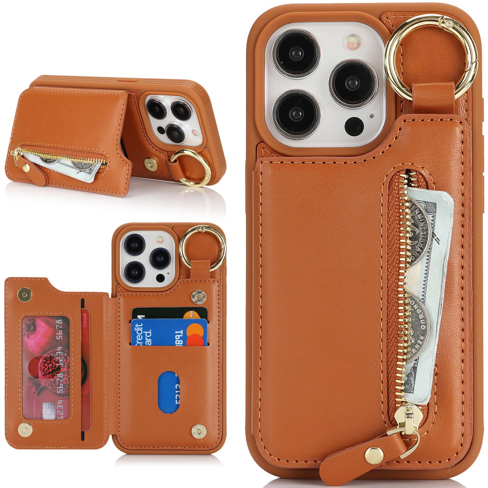 Zouzt Case for iPhone 15 Pro 6.1 Inch, Wallet Case with Credit Card Holder Slot, Premium PU Leather Key Ring Zipper Shockproof Protective Phone Cover for Men Women - Brown