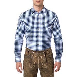 Men’s Bavarian Trachten Shirt – Traditional Blue and White Checkered Button Dress Shirts for Oktoberfest and Lederhosen