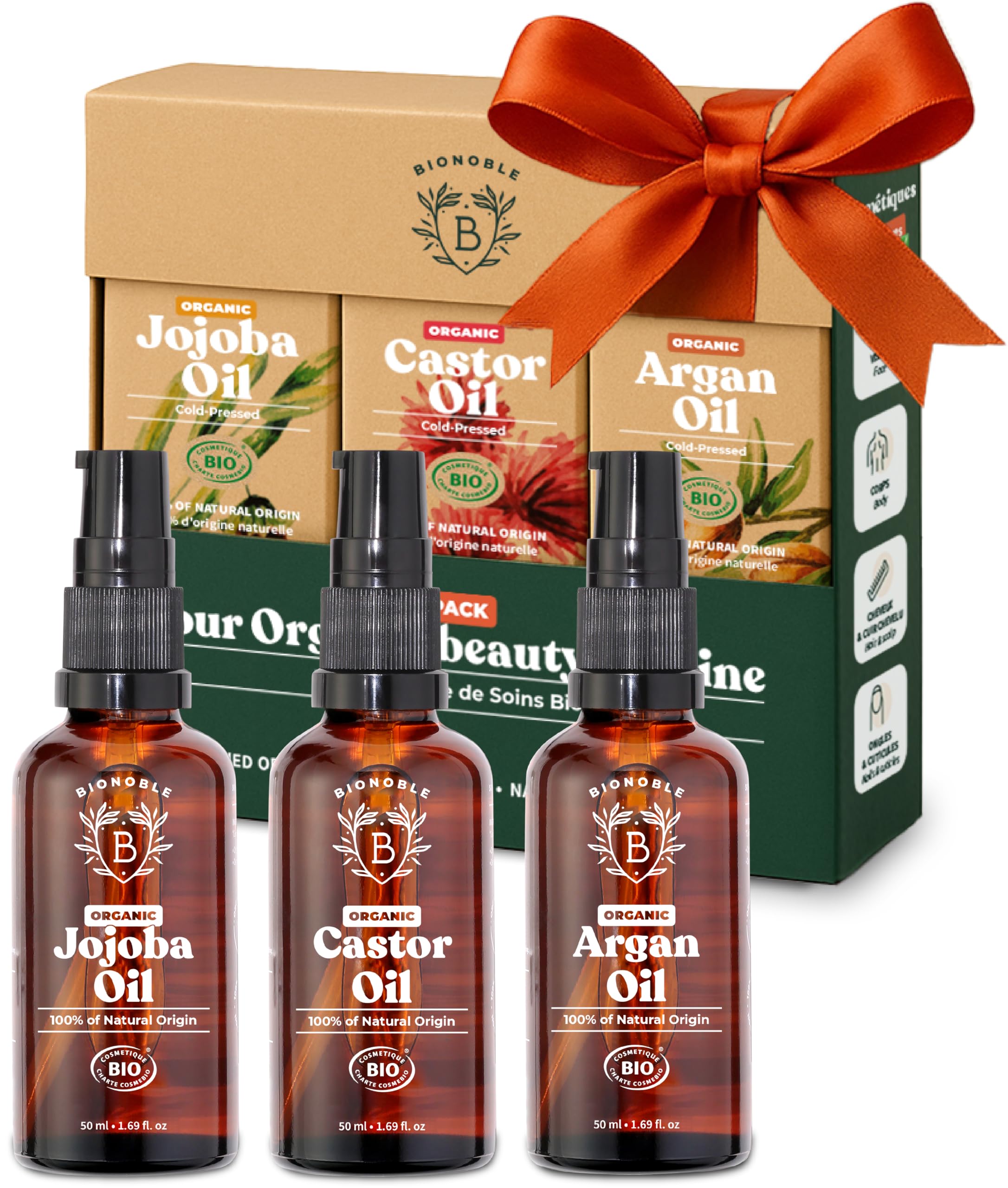 Bionoble Skincare Set 3x50ml - Organic Castor Oil, Argan Oil and Jojoba Oil - Face, Body and Hair Care - Birthday Gifts for Women