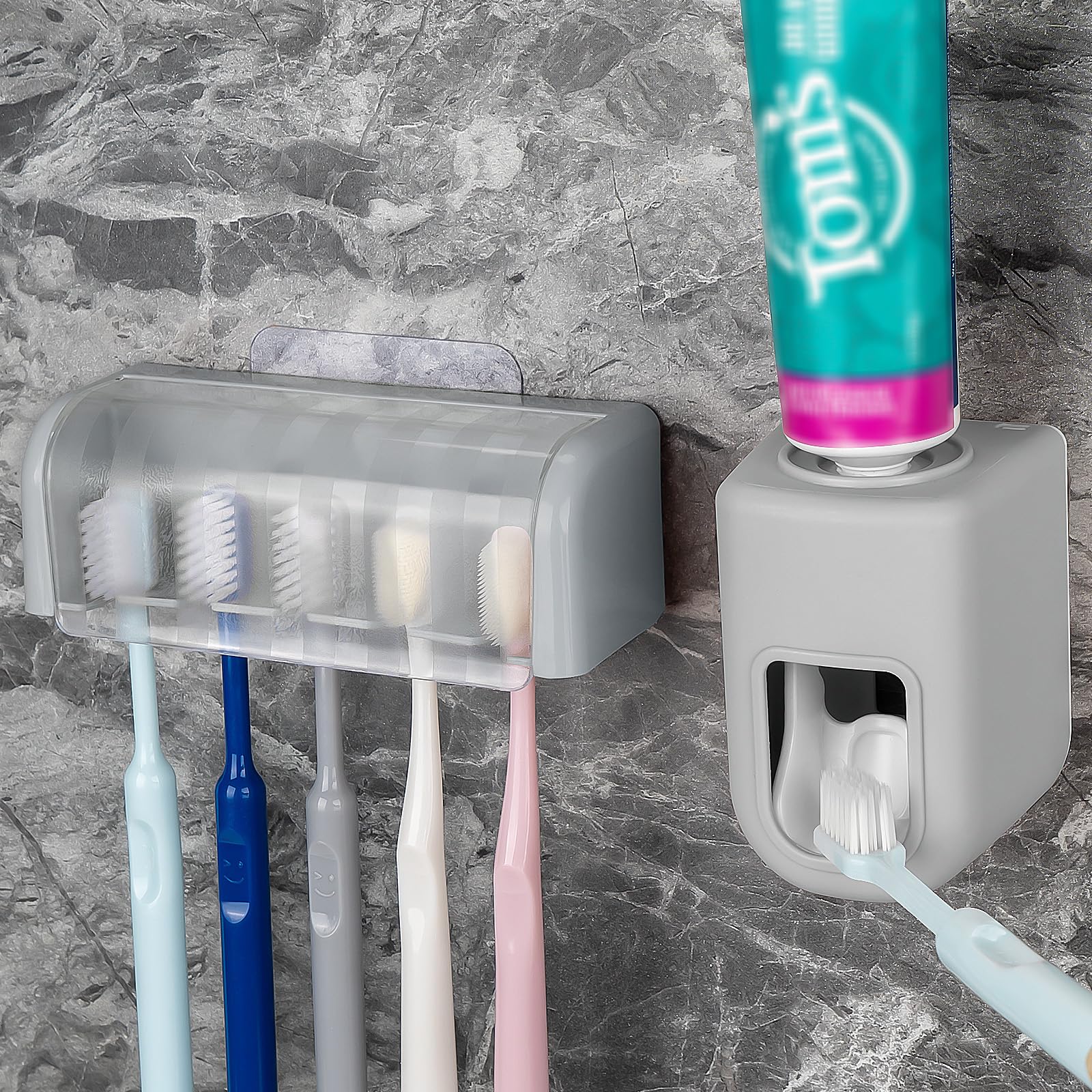 Photo 1 of 5 Slots Wall Mount Toothbrush Holder with Cover, Self Adhesive Toothbrush Storage Organizer for Shower, Toothbrush Hanger with Automatic Toothpaste Squeezer Dispenser (Grey)