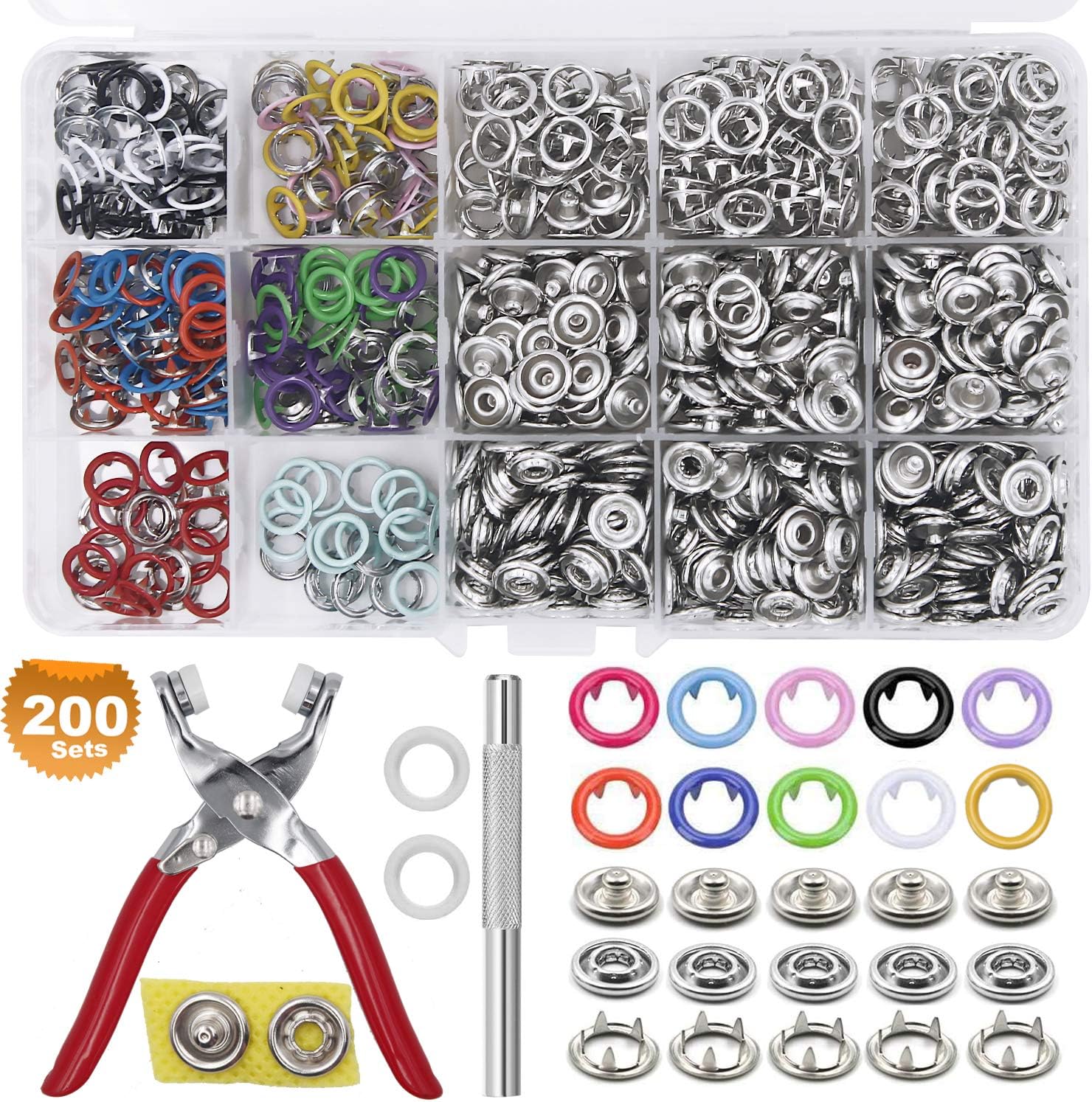 ZTWEDEN 200 Sets Metal Snaps Button Tool Kit Snap Fasteners Hollow Prong Snap Button with Setting Tool for Clothing Crafting Sewing, Leather Snaps Buttons for Jeans Wears Bags(10 Colors, 9.5mm)