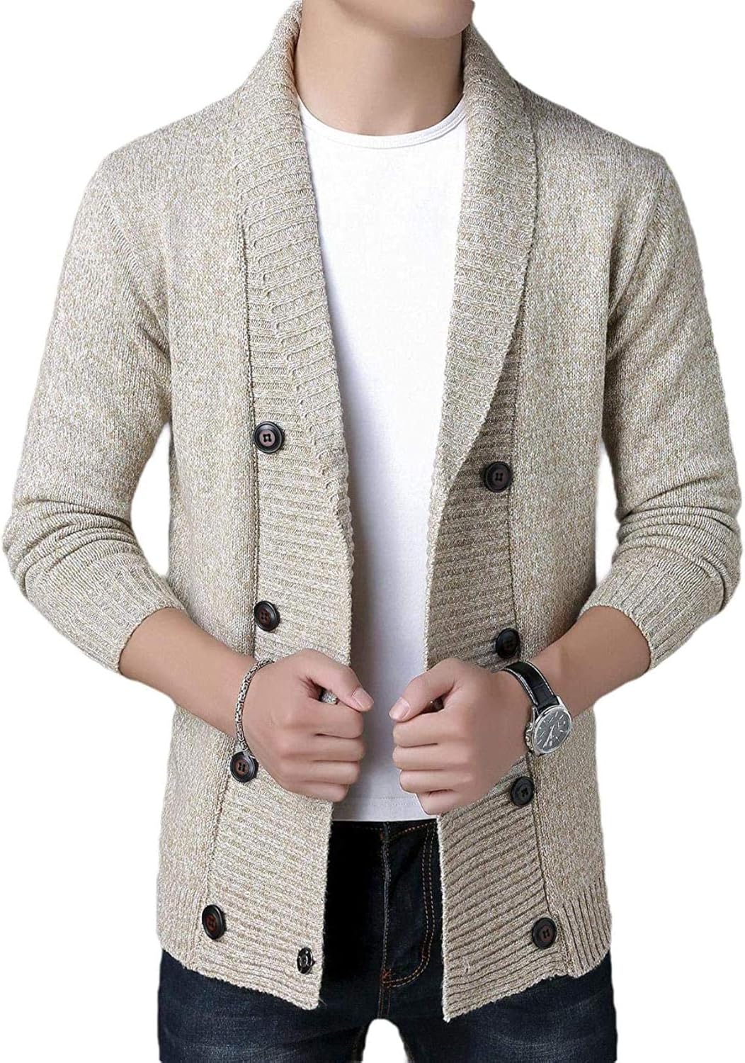 ZSHJ Men DoubleBreasted Slim Shawl Collar Winter Knitted Cardigan