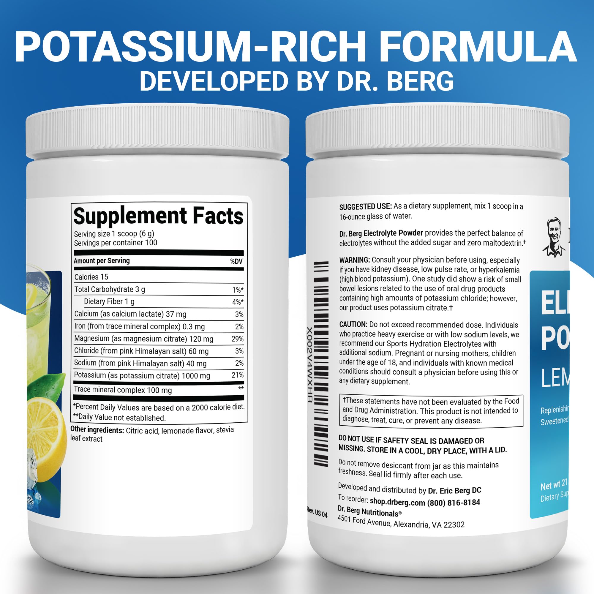 Dr. Berg Zero Sugar Hydration Keto Electrolyte Powder - Enhanced w/ 1000 mg of Potassium & Real Pink Himalayan Salt (NOT Table Salt) - Lemonade Flavor Hydration Drink Mix Supplement - 100 Servings