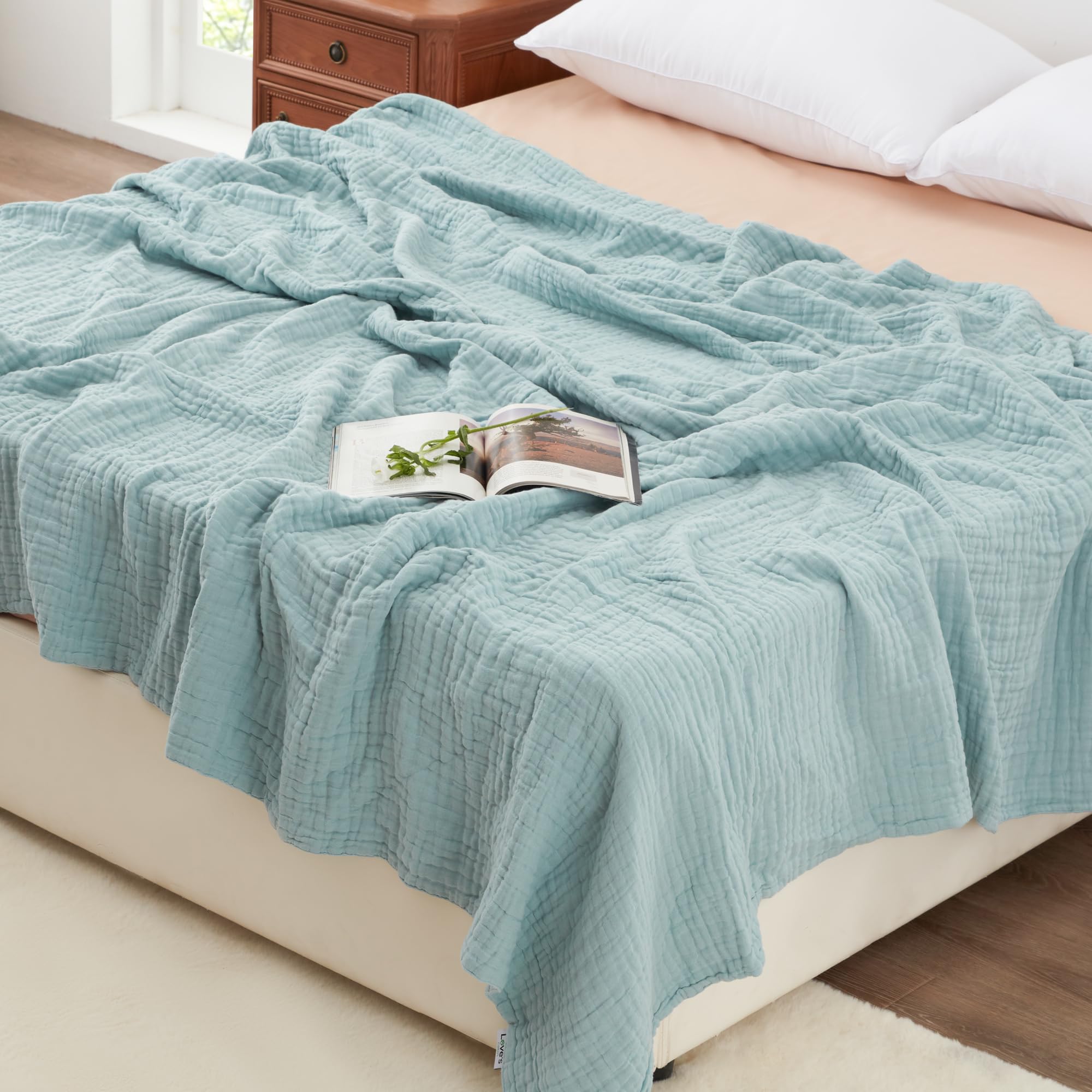 Photo 1 of Love's cabin 6 Layer 100% Cotton Muslin Blanket, 108"x90" Muslin King Size Blanket for Bed Couch, Lightweight and Breathable Cotton Gauze for Adult, Cyan