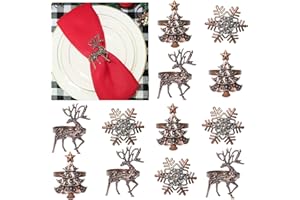 HADDIY Christmas Napkin Rings,Set of 12 Retro Bronze Snowflake Deer Xmax Tree Napkin Holders for Winter Holiday Dinner Setting and Christmas Party Table Decorations