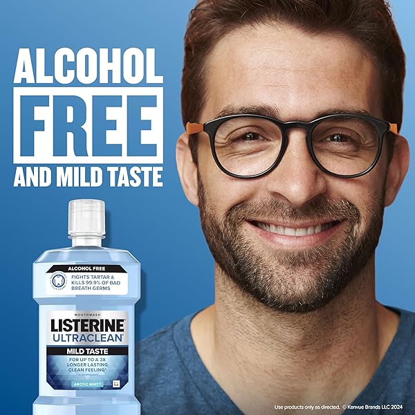 LISTERINE ULTRACLEAN ALCOHOL-FREE TARTAR CONTROL MOUTHWASH, ORAL RINSE FIGHTS STAIN BUILD UP TO HELP KEEP NATURALLY WHITE TEETH, LESS INTENSE ARCTIC MINT FLAVOR, 1L