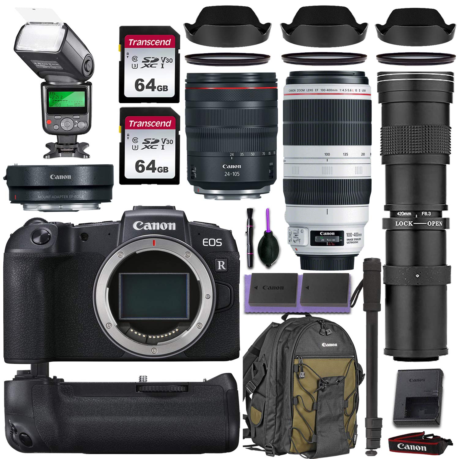 Canon EOS RP Mirrorless Digital Camera w/Canon RF 24-105mm is USM, Canon 100-400mm is II USM & Comma