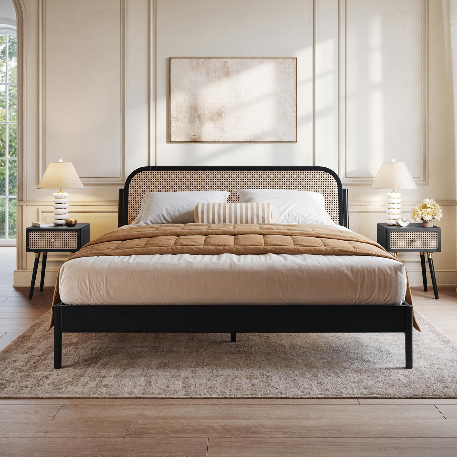 Photo 1 of Bme Aurelia King Bed Frame and Headboard - Bohemian and Mid Century Modern Style - Solid Wood - Slat Support and No Box Spring Needed - Easy Assembly - Black