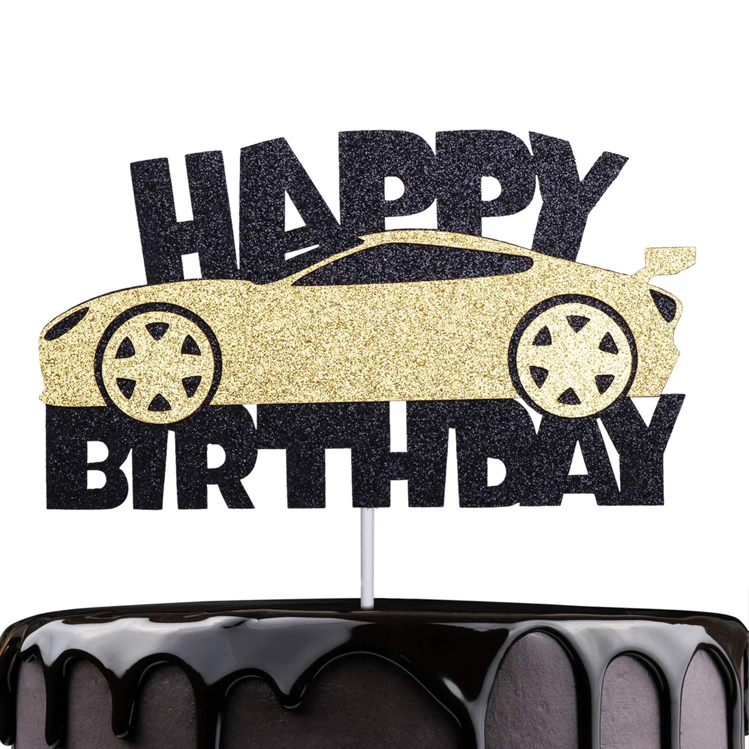 Artczlay Car Theme Happy Birthday Cake Topper Gold and Black Glitter Cake Topper — Birthday