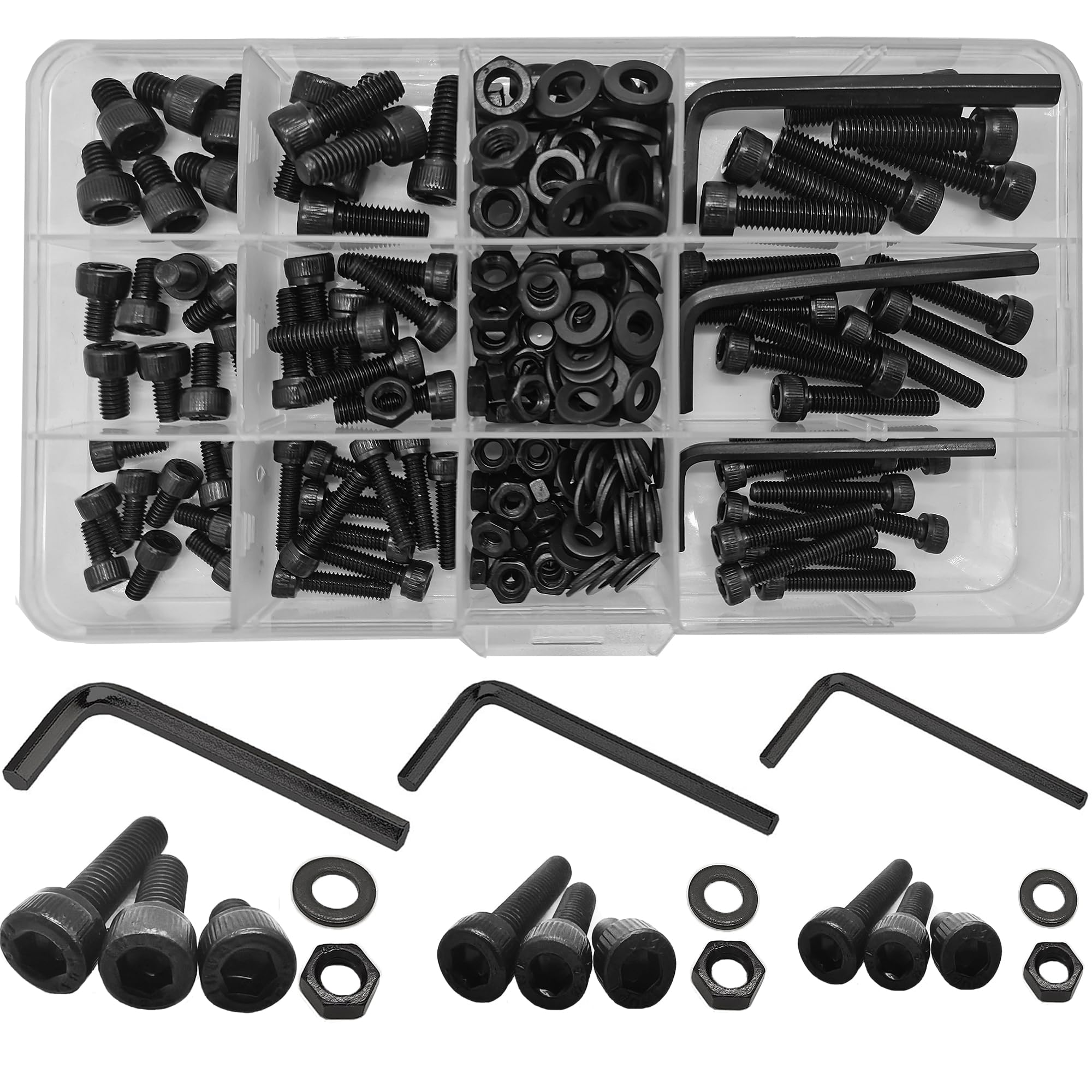219 Pcs Nuts and Bolts Set, M4 M5 M6 Black Hex Socket Machine Screws, Hex Socket Bolts Nuts and Washers Assortment Set Kit with Wrenches (Black) — image 1