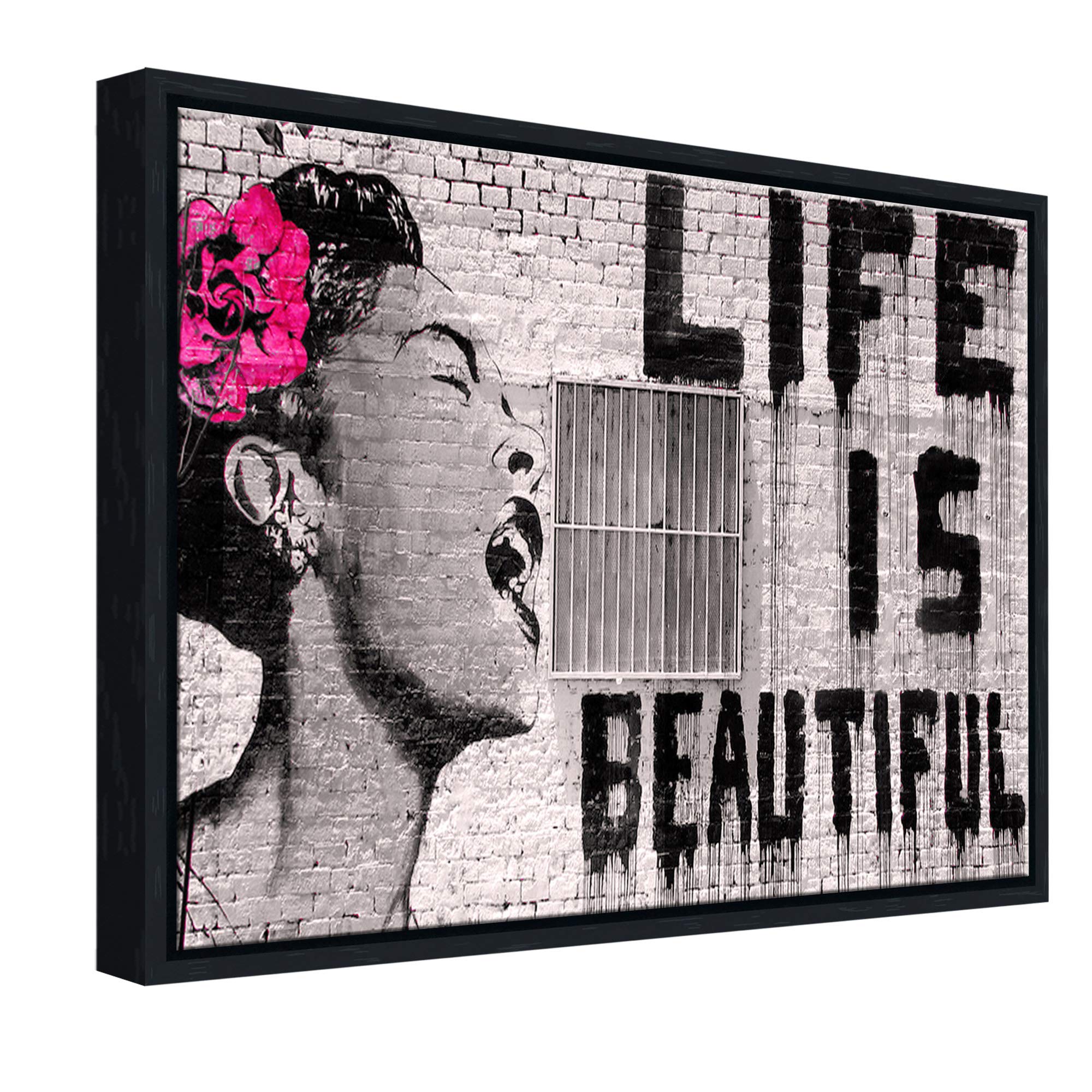 Wieco Art Black Framed Canvas Prints of Banksy Life is Beautiful Modern Grey Love Pictures Paintings on Canvas Wall Art for Bedroom Home Office Decorations
