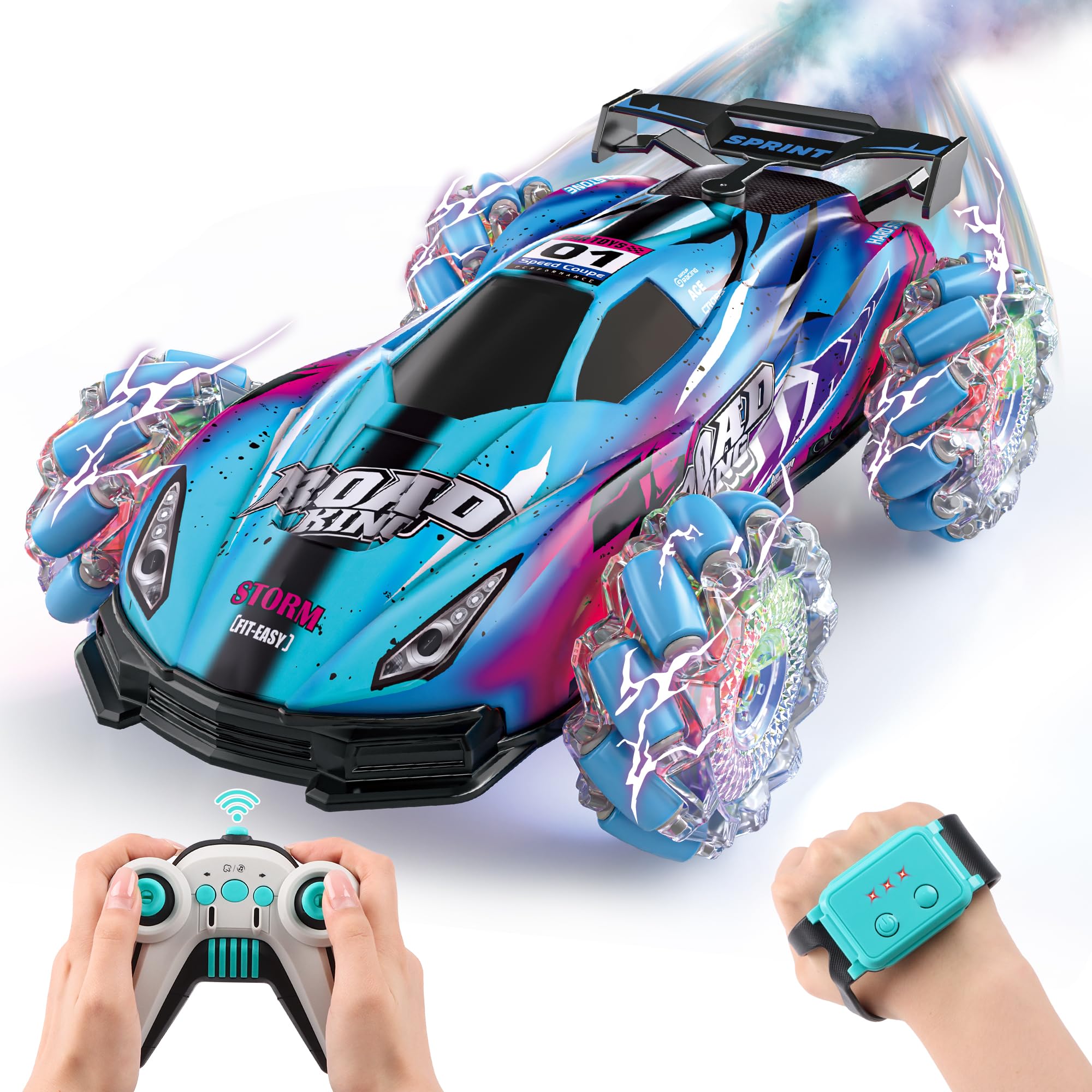 SPRSHY RC Stunt Car Toys - Gesture Remote Control Racing Cars Comes with Spray,Lights,360° Rotation for Kids,Vehicle Birthday Gifts for Boys and Girls Aged 6 7 8 9