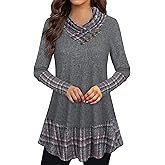 Bebonnie Cowl Neck Tunics Long Sleeve Patchwork Form Fitting Casual A-Line Top Blouse