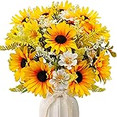 FOUSUKA 5 Bunches Artificial Sunflowers Bouquets, Fake Silk Sunflower with Faux Daisy Wildflowers Plants for Home Decor Indoor Floral Arrangements Table Centerpiece Bridal Wedding Decor (Orange)