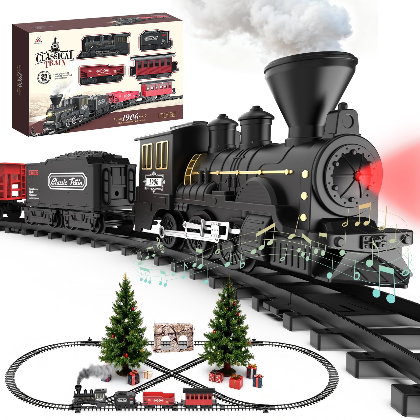Photo 1 of **HAS DAMAGED PIECES** 25-Piece Christmas Train Set with Smoke, Sound & Lights - Fancy Track & Vintage Passenger Carriages for Christmas, Steam Kids Train Set Around Christmas Tree for Kids Ages 3-8 Years Old Boys Gifts