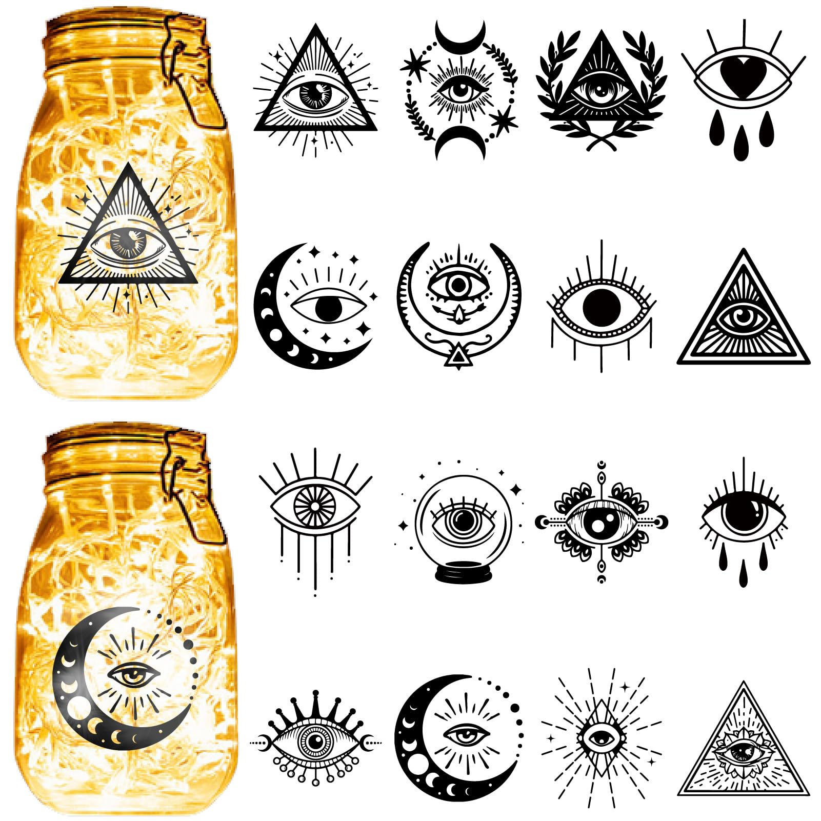 CREATCABIN 16Pcs Evil Eye Silhouettes Mason Jar Decor PVC Laser Die Cut Scrapbook Moon Cardboard Cutouts Silhouette Ornaments for DIY Colorful Light Hanging Lamp Glass Jar Black 4x3.5Inch-No Sticker