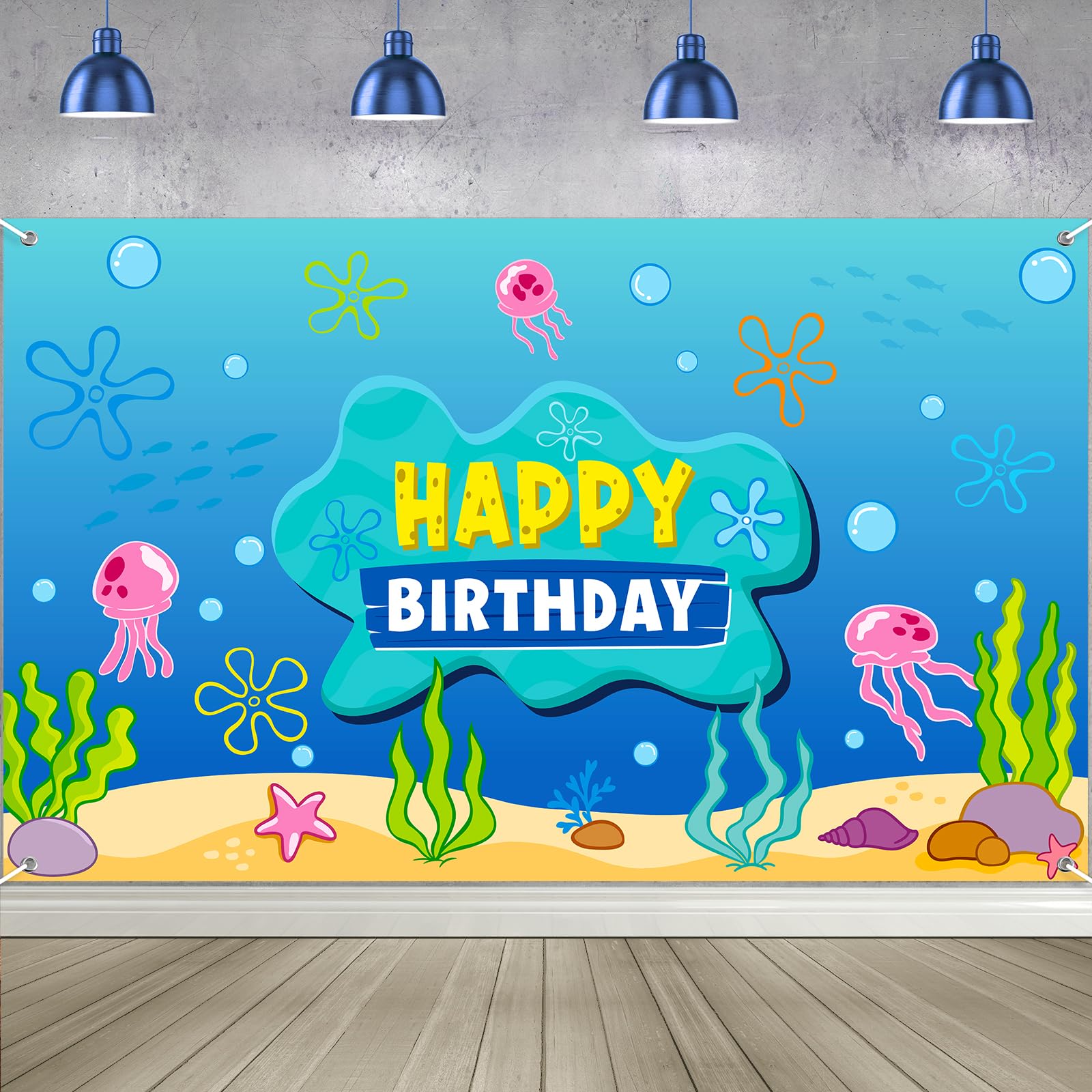 Photo 1 of Under The Sea Happy Birthday Banner Backdrop Decoration, Ocean Photo Banner Background Ocean Jellyfish Seaweed Wall Décor for Birthday Baby Shower Party Photography Decorations, 73 x 43 Inch