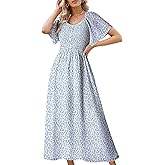 Dokotoo Womens Dresses 2025 Square Neck Tie Backless Summer Dresses Cap Sleeve Floral Buttoned Empire Waist Maxi Dress