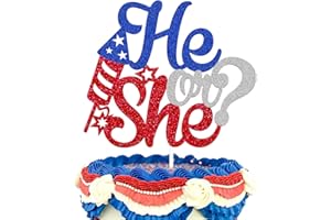 YOYMARR He or She Gender Reveal Cake Topper 4th of July Independence Day Theme Baby Shower Cake Decoration for Boy or Girl Blue or Red Gender Reveal Party Glitter Supplies