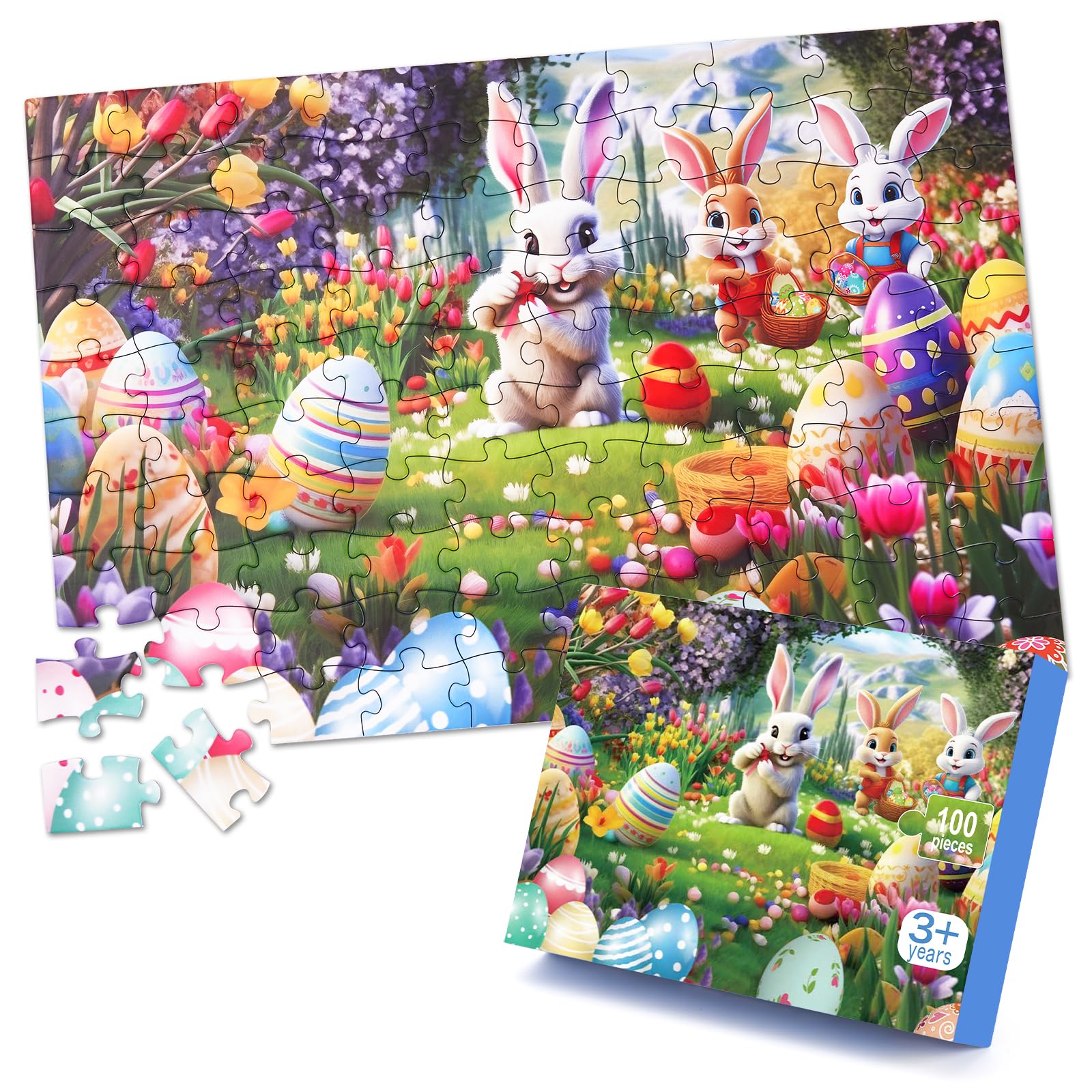COOLDELE Easter Bunny Puzzles for Kids Ages 3-8, 100 Pieces Paper Easter Jigsaw Puzzles for Kids 3 4 5 6 7 8 Years Old, Bunny Puzzles Educational Toys Birthday Easter Gifts for Girls Boys