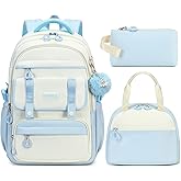 QHRIDS School Backpack for Girls, 3PCS Laptop Backpack 15.6 Inch with Lunch Box Pencil Pouch Set for Kids Teens Elementary Middle High School College Bookbag Student Casual Travel Daypack,Blue Beige