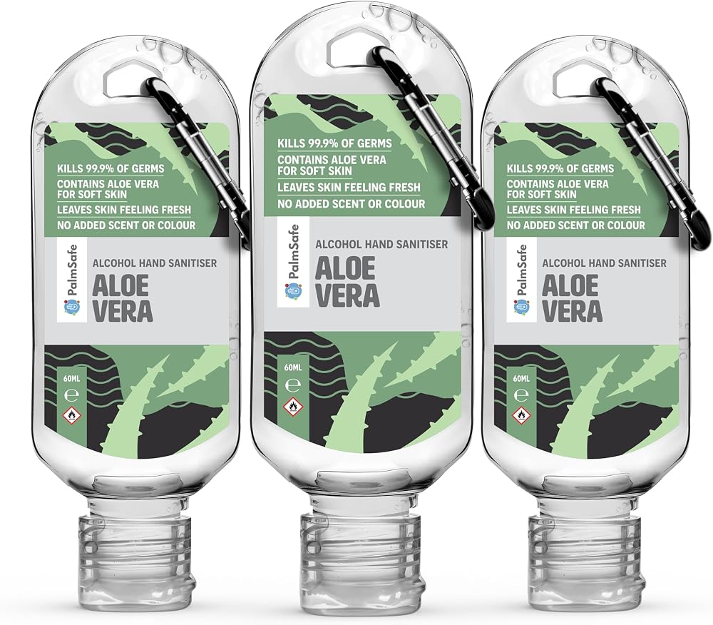 Palm Safe Aloe Vera 60ml Hand Sanitiser Clip Bottle 3 Pack