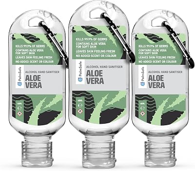 Palm Safe Aloe Vera 60ml Hand Sanitiser Clip Bottle 3 Pack
