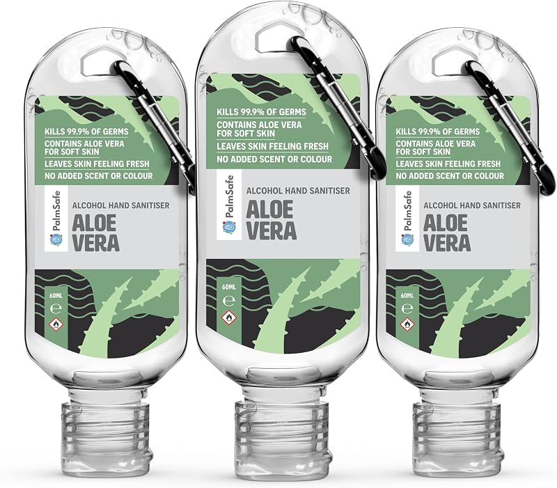 Palm Safe Aloe Vera 60ml Hand Sanitiser Clip Bottle 3 Pack