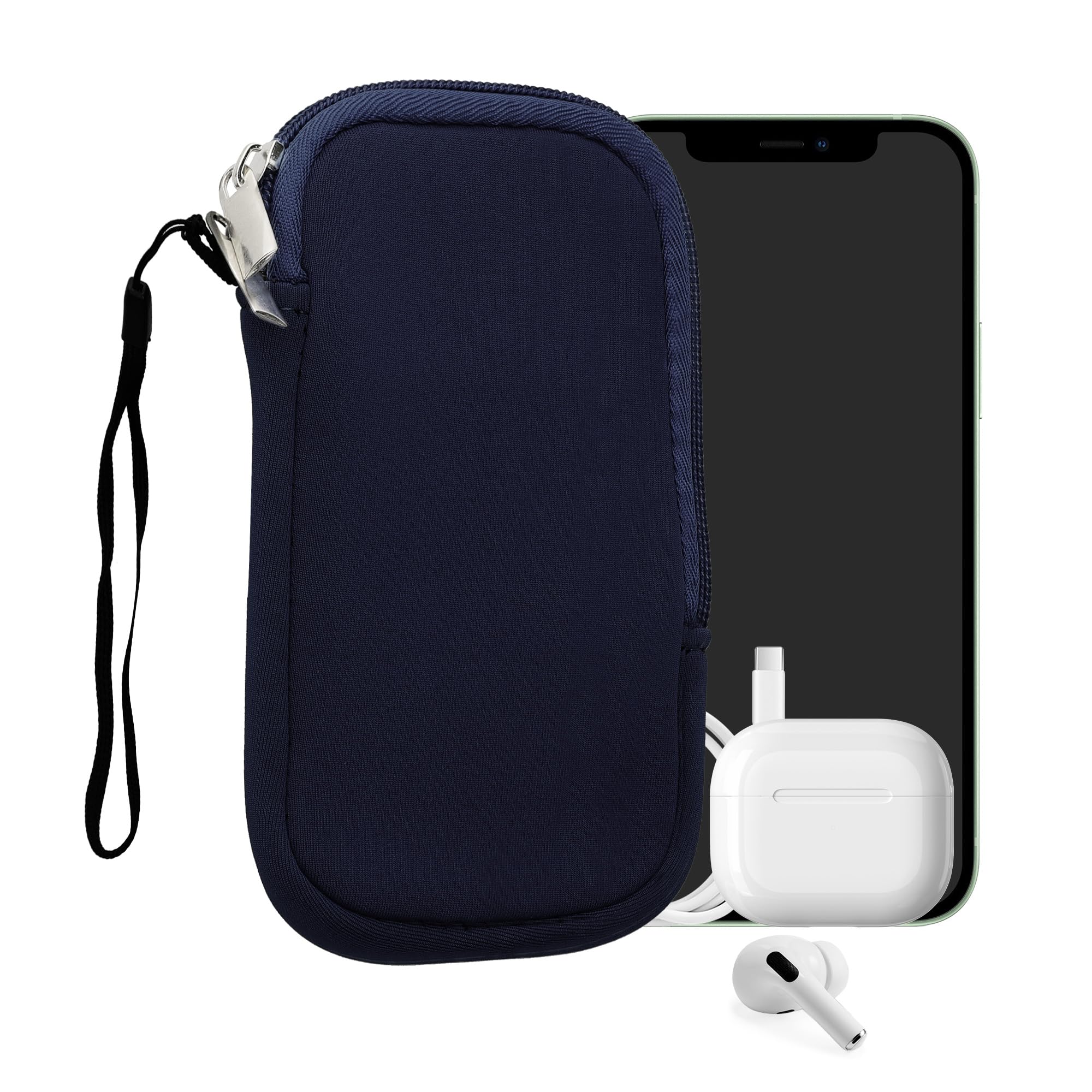 kwmobile Neoprene Phone Pouch Size S - 4.5" - Universal Cell Sleeve Mobile Bag with Zipper, Wrist Strap - Dark Blue
