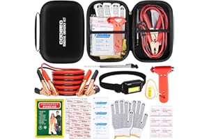 COOGEO 10PC Roadside Emergency Car Kit with Jumper Cables，Car Accessories for Men, Assistance Safety Kit Includes Safety Hammer, Headlamp, Gloves, First Aid Kit for Women, Men, Teenagers