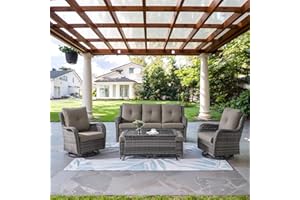 Belord Wicker Outdoor Furniture Patio Furniture Set - 6 Piece Patio Conversation Set with Swivel Rocker Chairs, Rattan Sofa, Ottomans and Coffee Table, Gray Cushion