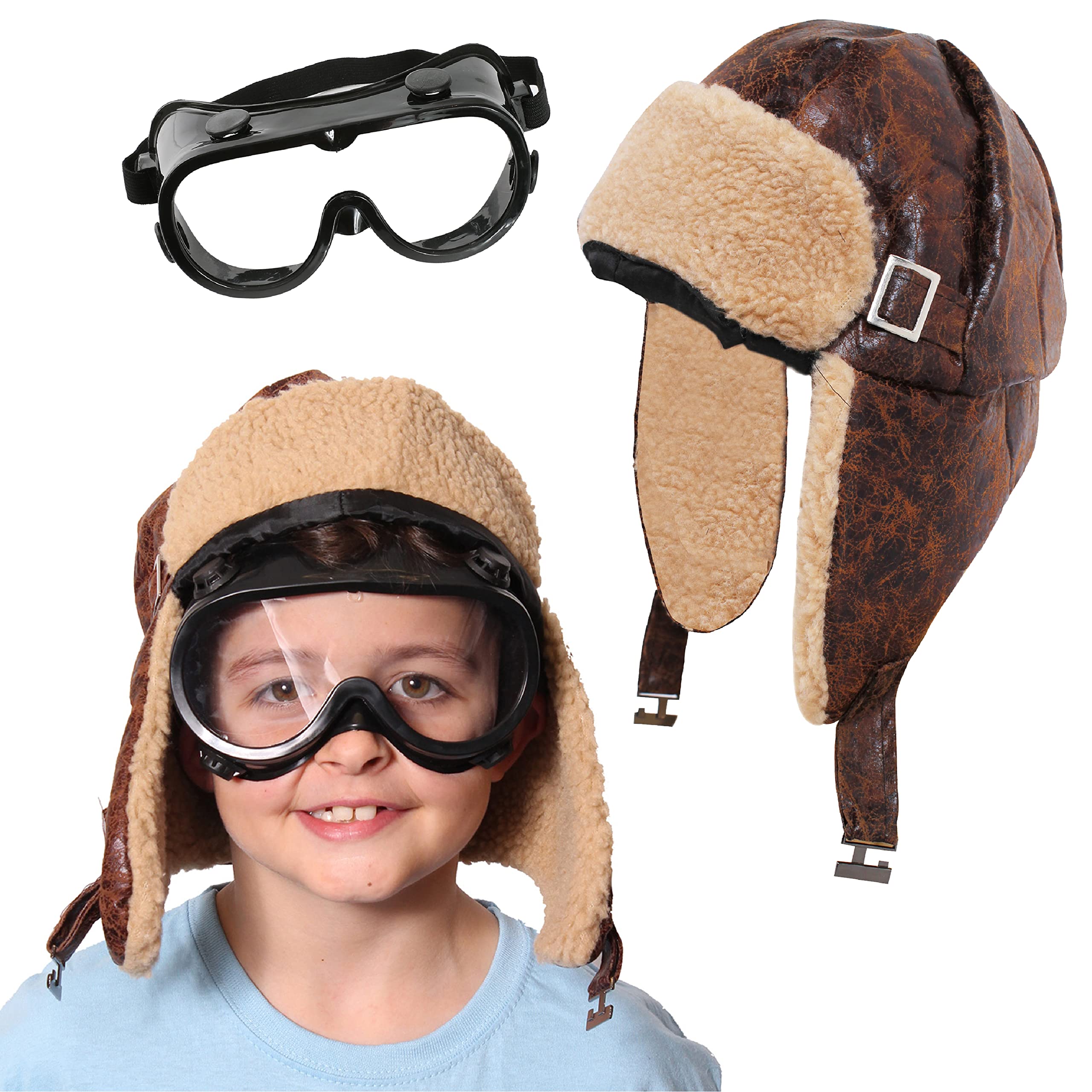 Childs VE Day Aviator Set 1940s Grandpa Style Pilot Hat + Clear Lens Goggles Fancy Dress Accessory Set 40's Aviator Pilot Flying Hat Great Escape World Book Day Costume