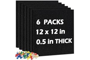 DOLLAR BOSS Felt Cork Board Tiles, 6 Packs 12" x 12" 1/2" Thick Cork Bulletin Board Self Adhesive Acoustic Panels Soundproof Corkboards for Walls with 60 Pushpins for Home Office Kitchen School, Black