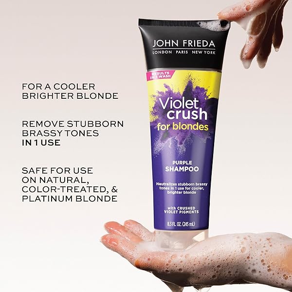 JOHN FRIEDA 8.3 OUNCE SHAMPOO FOR BLONDE HAIR, VIOLET CRUSH PURPLE SHAMPOO, NEUTRALIZES BRASSY YELLOW TONES, BLONDE TONER FOR BLEACHED, PLATINUM